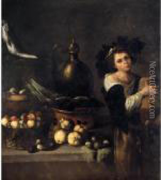 A Kitchen Still Life With A 
Servant Boy Holding A Cask Of Wine Beside A Table Laden With Fruit, 
Vegetables And Fish Oil Painting - Michelangelo Merisi Da Caravaggio