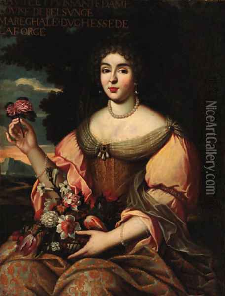 Portrait of Louise de Belsunce, Duchess de la Force, seated three-quarter-length, in a gold embroidered dress, holding a basket of flowers Oil Painting - Paul Mignard