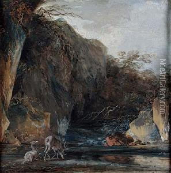A Stag And A Hind At A Stream Below Cliffs Oil Painting - Louis-Gabriel Moreau the Elder