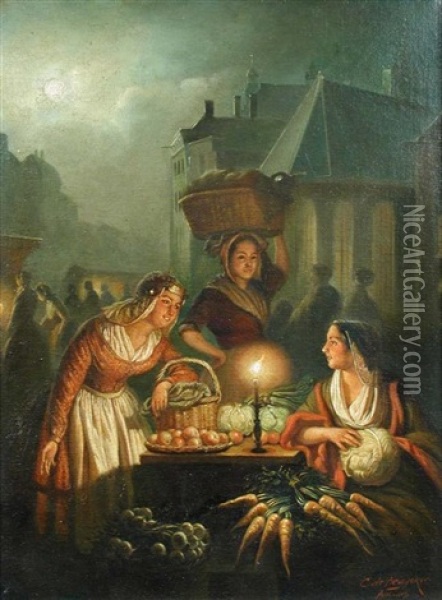 Fruit Stall At A Market By Candelight, Antwerp Oil Painting - Constant De Bruycker