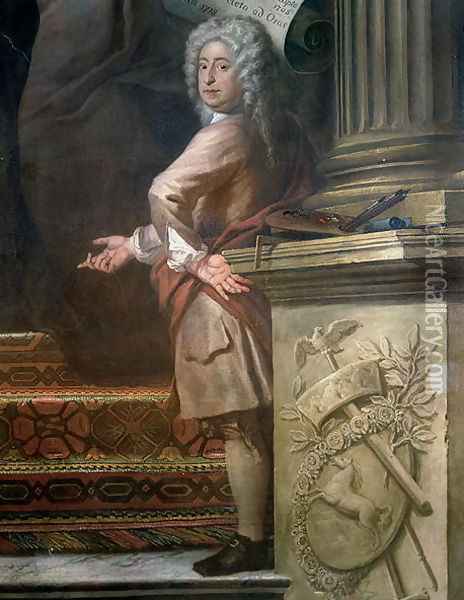 Rear wall painting of the Upper Hall glorifying George I (1660-1727) and the House of Hanover, detail of the artist, 1718-24 Oil Painting - Sir James Thornhill