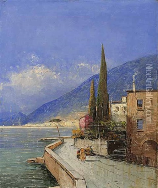 Village By The Sea Oil Painting - Georg Fischhof