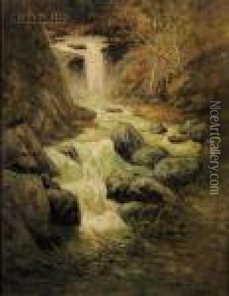 Woodland Cascade, Early Autumn Oil Painting - George William Whitaker