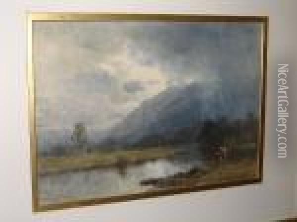 A Stormy River Landscape, A Fisherman To The Fore Oil Painting - David Cox