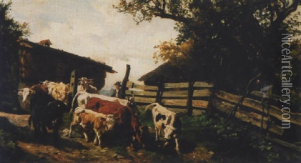 Bauernhof Mit Kuhherde Und Hirte Oil Painting - Karl Roux