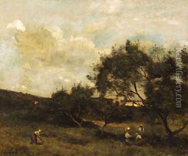 Paysans en vue d'un village (Peasants within sight of a Village) Oil Painting - Jean-Baptiste-Camille Corot