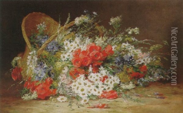 Still Life Of Fresh Wild Flowers In A Basket Oil Painting - Madeleine Jeanne Lemaire