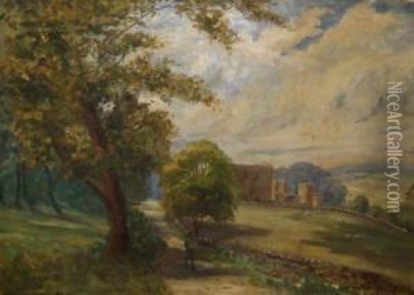 Figure On A Path By Stone Wall With Country House In Distance Oil Painting - Austin Winterbottom