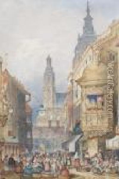 A Market Square Oil Painting - William Callow