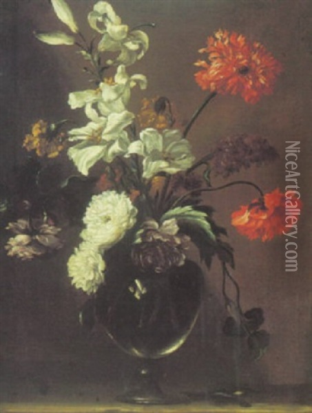 Still Life Of Lilies And Other Flowers In A Glass Vase, On A Stone Ledge Oil Painting - Nicolas Baudesson