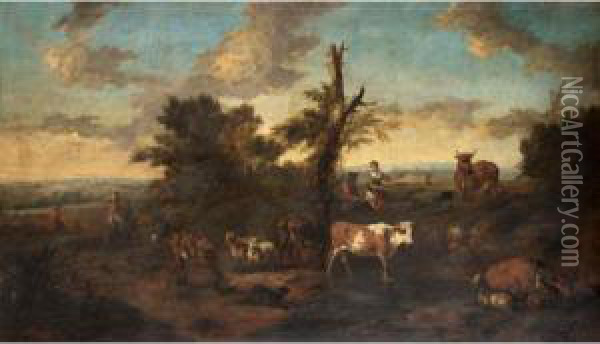 An Italianate Landscape With Drovers And Their Animals Oil Painting - Peter Tillemans