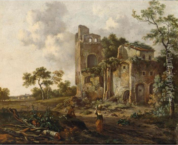 A Castle Ruin Near A Meadow With Travellers To The Foreground Oil Painting - Jan Wijnants