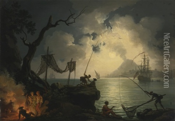 A Nocturnal Mediterranean Coastal Scene, With Vesuvius In The Background Oil Painting - Pierre Jacques Volaire