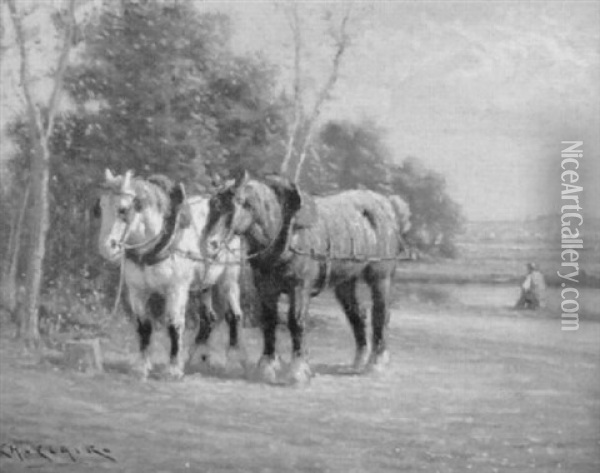 Gespann Mit Zwei Zugpferden Am Flussufer Oil Painting - Charles H. Clair