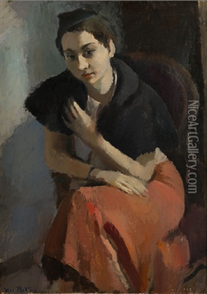 Woman In A Pink Dress And Black Fur Oil Painting - Vera Rockline