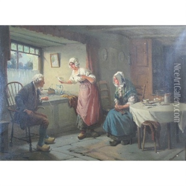 Cottage Interior Scenes With A Family Seated Around A Table And Figures Seated Listening To The Contents Of A Letter (pair) Oil Painting - Alexander Rosell