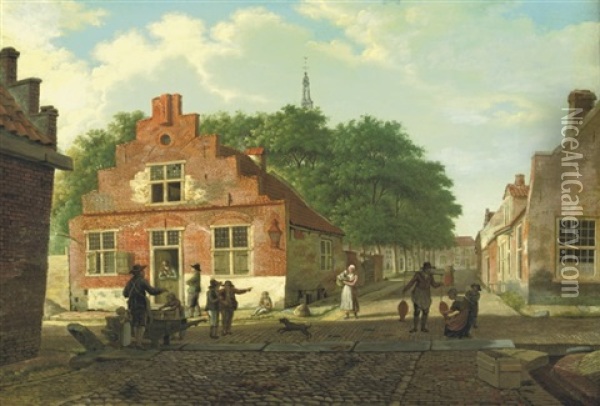 A Village Street With Figures Working And Conversing Oil Painting - Paulus Constantijn la (La Fargue) Fargue