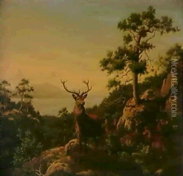 Klippeparti Med Kronvildt. Motiv Fra Oen Hittern Ved        Trondhjems Fjord Oil Painting - Carl Henrik Bogh