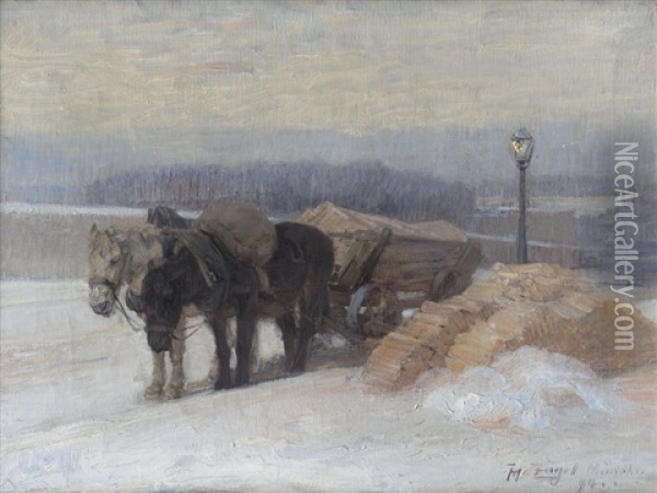 Pferdekarren In Einer Winterlichen Abendlandschaft Oil Painting - Heinrich von Zuegel