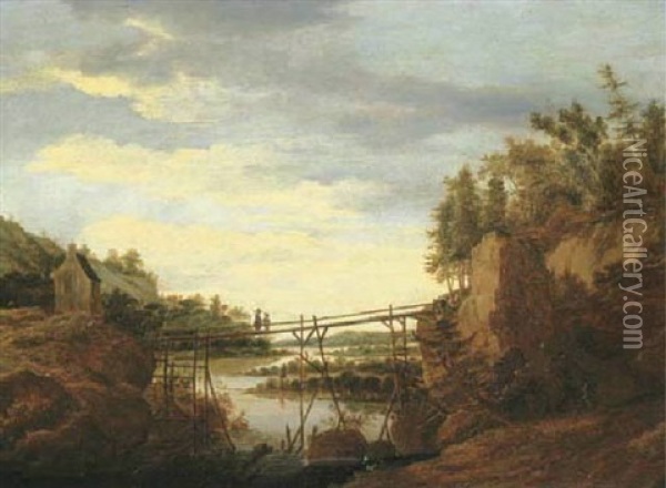 A Wooded River Landscape With Travellers Conversing On A Wooden Bridge, Others Resting Nearby Oil Painting - Roelant Roghman
