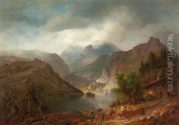 Die Ankunft Des Besuches Am Gebirgssee Oil Painting - Karl August Aerttinger