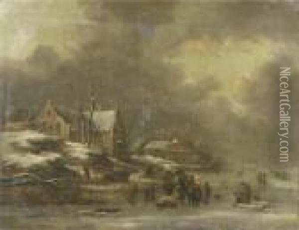 A Winter Landscape With Figures Skating On Frozen Water, A Villagenearby Oil Painting - Claes Molenaar (see Molenaer)