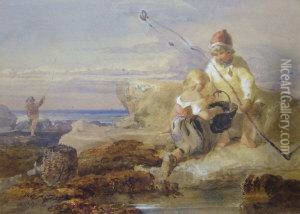 Children Fishing On The Rocks Oil Painting - John Henry Mole