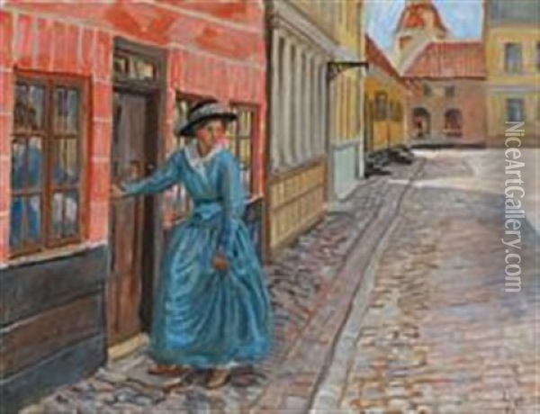 Street View With The Artist Anna Syberg Entering Her Home, Faaborg, Denmark Oil Painting - Peter Marius Hansen
