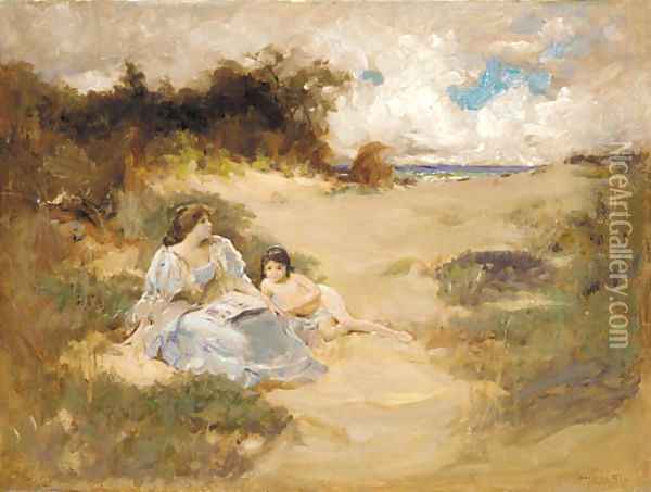 Reading on the Beach Oil Painting - Douglas Volk