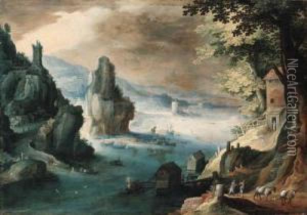 An Estuary With Travellers On A Path Before A House, A Harborbeyond Oil Painting - Tobias van Haecht (see Verhaecht)