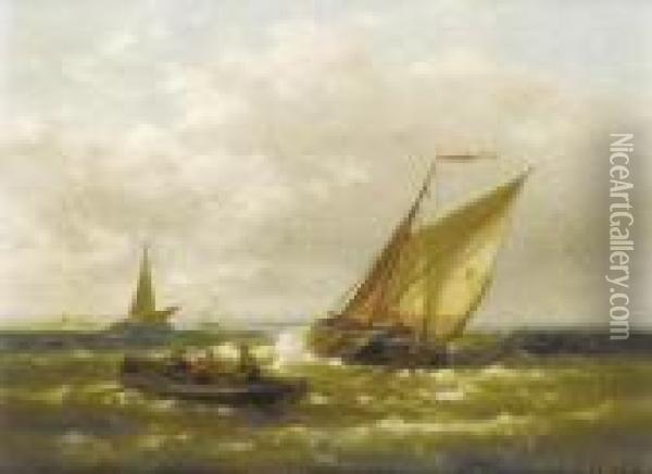 A Dutch Barge Running Out To Sea On The Tidewith Other Craft Beyond Oil Painting - Abraham Hulk Jun.