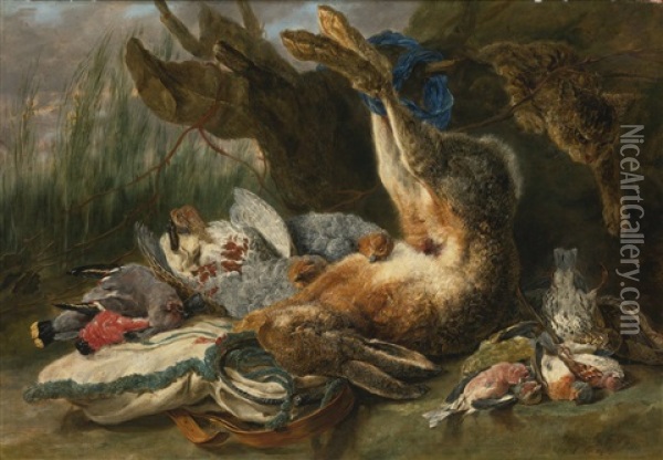 Gamepiece With A Hare And Various Wild Birds, A Cat Approaching From The Right Oil Painting - Jan Fyt