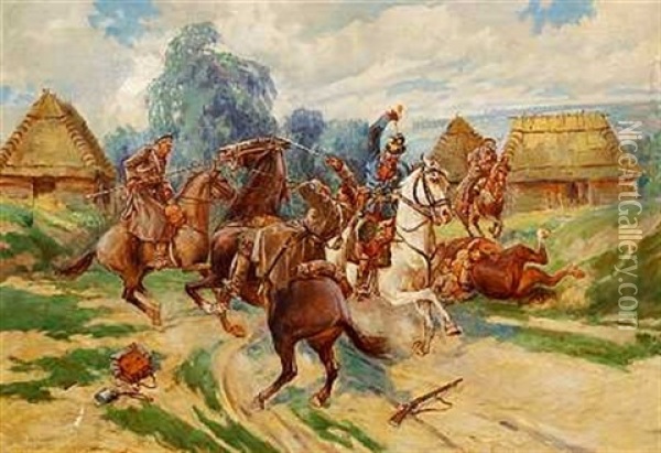 Cossacks Fighting Prussian Cavalry Officer Oil Painting - Stanislaw Jankowski