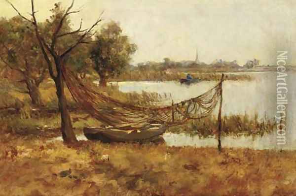 Fishing nets drying in a polder landscape Oil Painting - Jan Hillebrand Wijsmuller