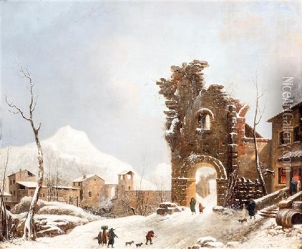 Winter Scene With Ruins Oil Painting - Jules Cesar Denis van Loo