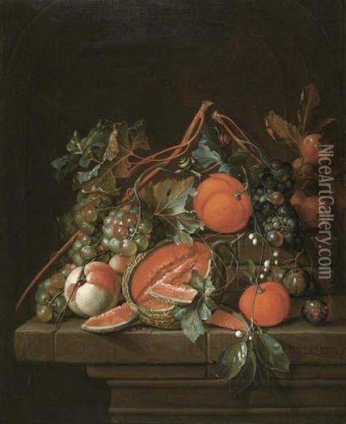 Fruit Still Life On A Stone Table. Oil Painting - Cornelisz. De Heem