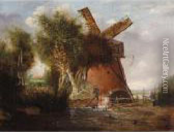 A Norfolk Landscape With A Windmill Oil Painting - Alfred Stannard