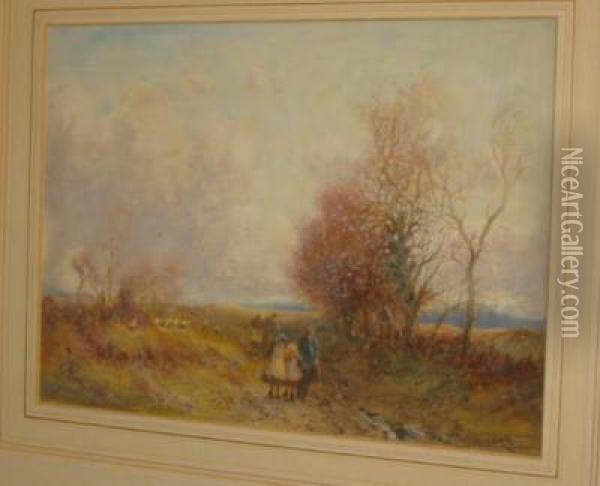 Children Walking In Acountry Lane In Late Autumn Oil Painting - William Manners