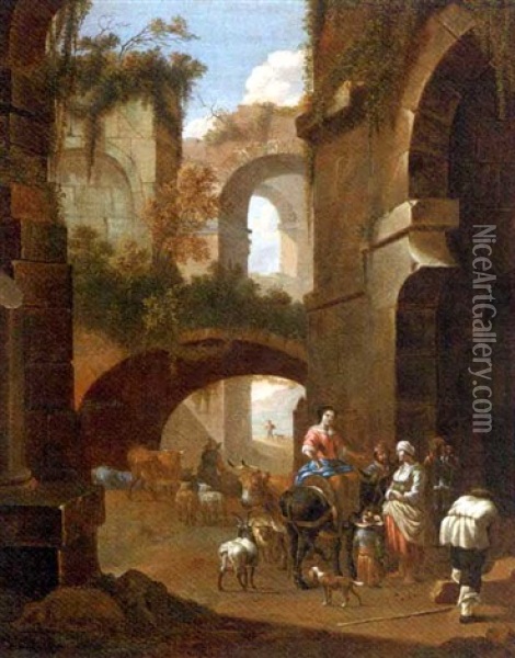 An Architectural Capriccio With Peasants Amongst Ruins Oil Painting - Johann Heinrich Roos