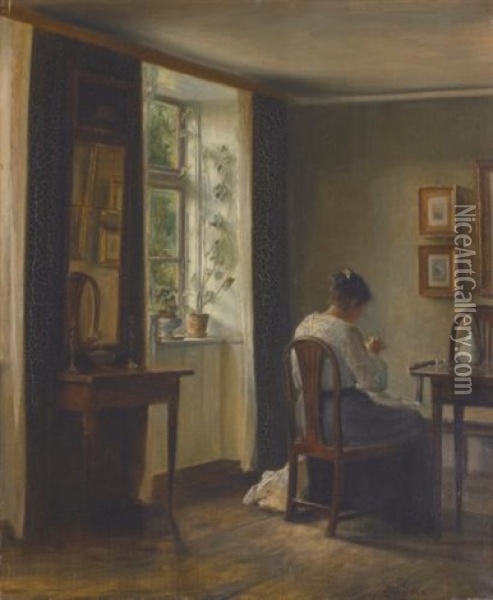 Seamstress Sewing In An Interior Oil Painting - Carl Vilhelm Holsoe