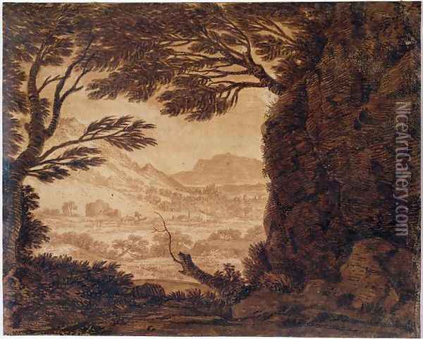 Classical Landscape, mid-18th century Oil Painting - Alexander Cozens