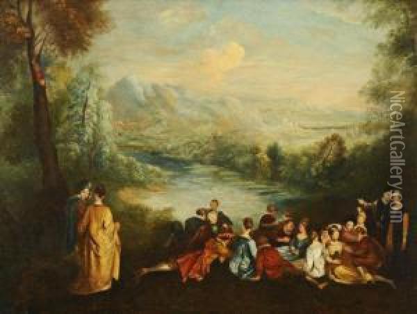 Figures In An Italian Landscape Oil Painting - Watteau, Jean Antoine