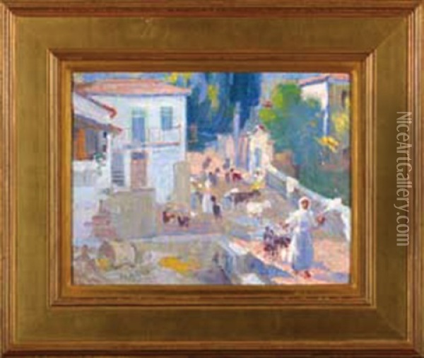 A Sunny Day In The Village Oil Painting - Georgios Roilos