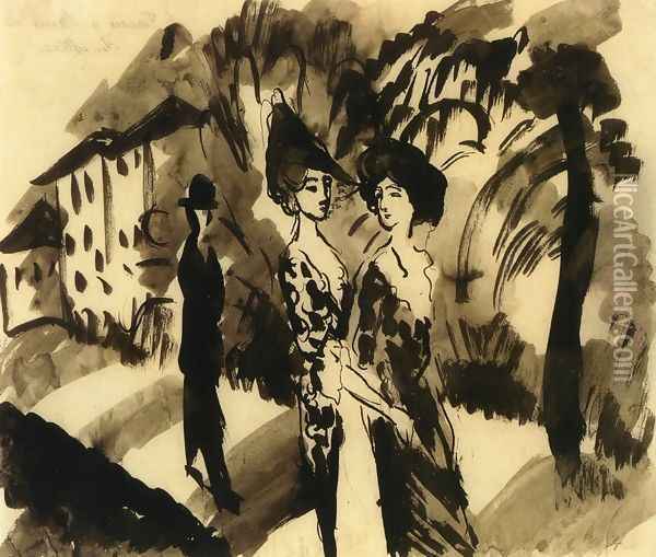 Two Women and an Man on an Avenue Oil Painting - August Macke