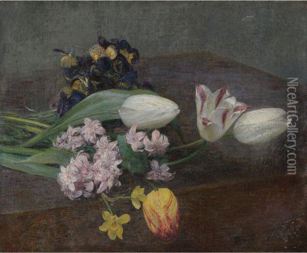 Jacinthes, Tulipes Et Pensees Posees Sur Une Table Oil Painting - Ignace Henri Jean Fantin-Latour