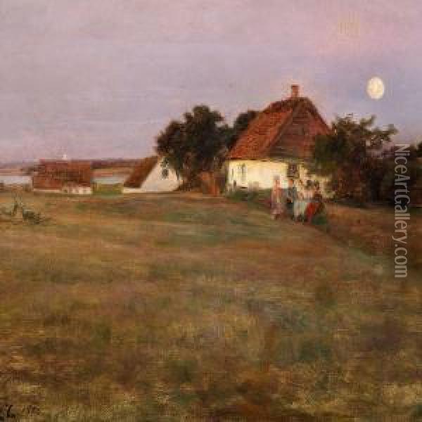 Children In A Field On A Summer Evening At Full Moon Oil Painting - Knud Larsen