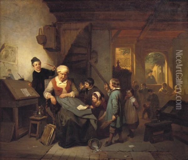 Teasing The Teacher Oil Painting - Willem Linnig the Elder