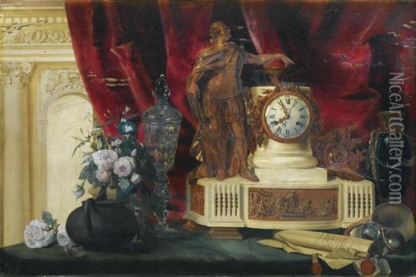 Nature Morte A La Pendule Et Vase De Sevres Oil Painting - Francois Louis Joseph Watteau
