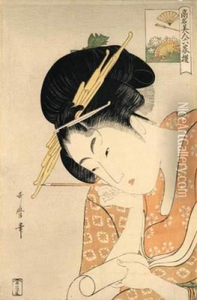 Portrait D'une Jeune Femme Tenant Un Pinceau Et Un Rouleau De Peinture. Oil Painting - Kitagawa Utamaro