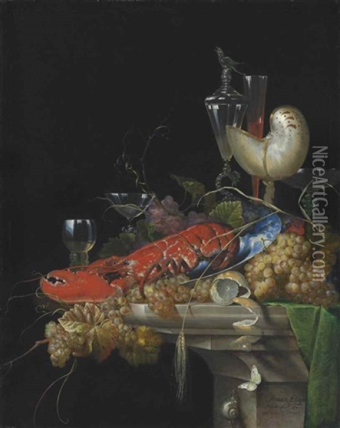 A Lobster On A White Porcelain Platter With Grapes And A Partly-peeled Lemon, A Nautilus Cup, A Roemer And Facon-de-venise Wineglasses, On A Stone Ledge, With A Snail And A Butterfly Oil Painting - Ottmar Elliger the Elder